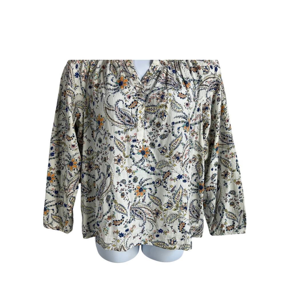 J. JILL TOP WOMENS LARGE 100% COTTON FLORAL POPOVER BLOUSE WHITE MULTI BOHO - Picture 6 of 12